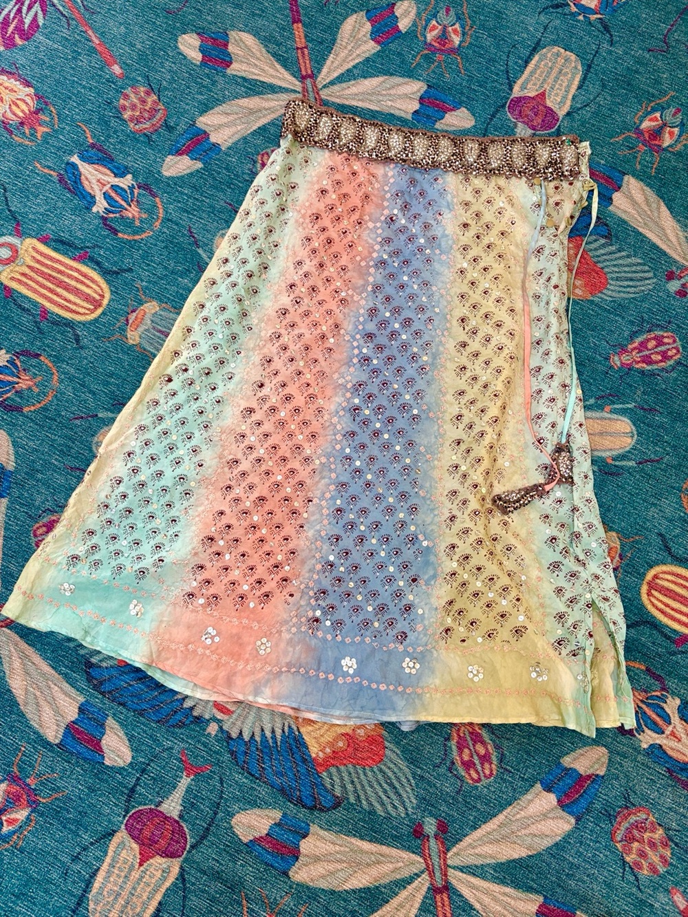 Stunning vintage 90s Sweet by Miss Me Boho Pastel Ombre Silk sequin Midi Skirt M